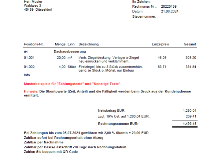 Muster Zahlungstexte