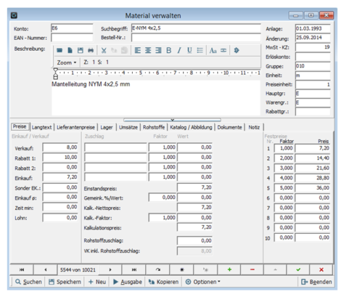 4Master V10 Material verwalten